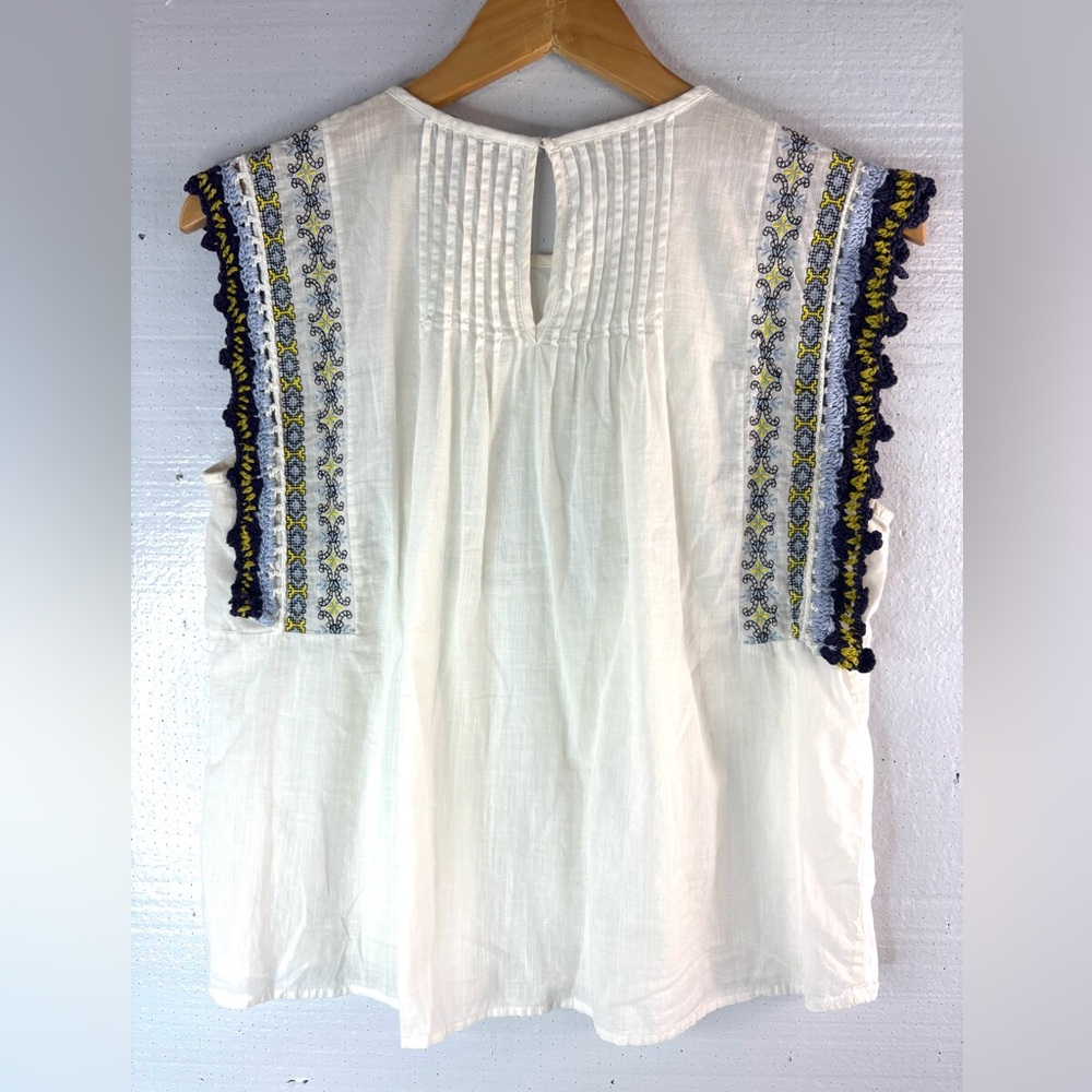 Zara S Smocked Sleeveless Embroidered White Lace Trim Top - Picture 5 of 7